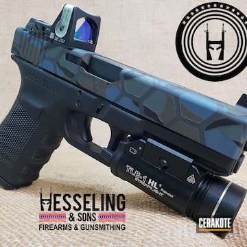 Hex Camo Glock 20 Gen 4 Cerakoted Using Charcoal Green, Armor Black And Cobalt Kinetics™ Green