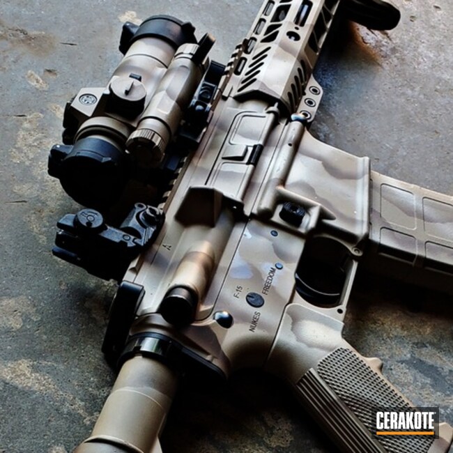 Custom Camo Ar Rifle Cerakoted Using Desert Sand, Light Sand And Chocolate Brown