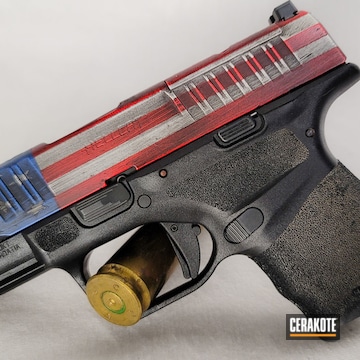 Distressed American Flag Themed Springfield Armory Hellcat Cerakoted Using Armor Black, Bright White And Usmc Red