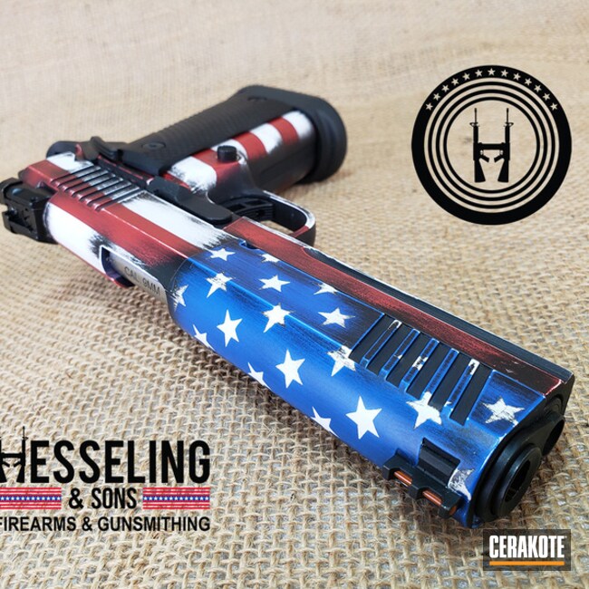 Distressed American Flag Themed 1911 Cerakoted Using Armor Black, Stormtrooper White And Habanero Red