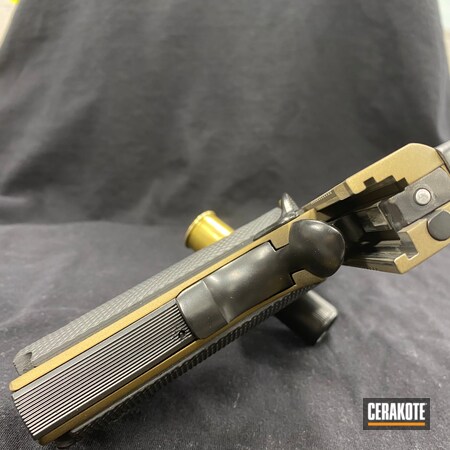Powder Coating: S.H.O.T,Pistol,Armor Black H-190,Metro Arms,.45,Burnt Bronze H-148