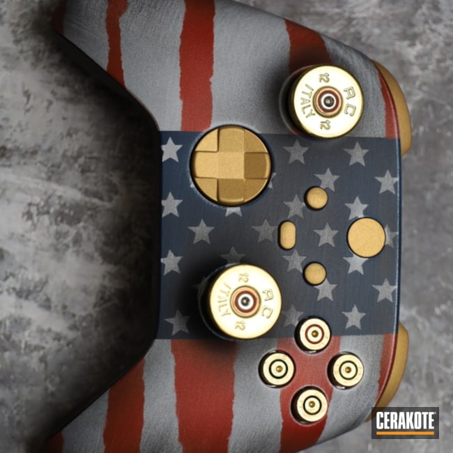 Distressed American Flag Xbox Control Cerakoted Using Hidden White, Kel-tec® Navy Blue And Midnight Bronze