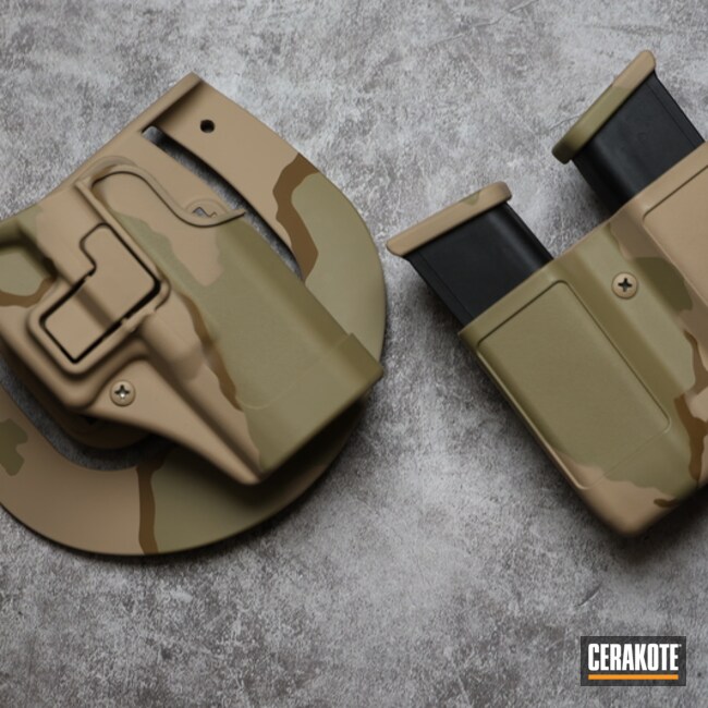 Custom Camo Holster And Magazines Cerakoted Using Desert Sand, Multicam® Pale Green And A.i. Dark Earth