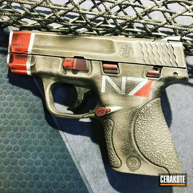 Distressed Smith & Wesson M&p Shield Cerakoted Using Combat Grey, Snow White And Usmc Red