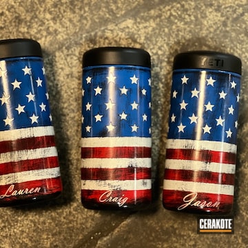 Distressed American Flag Yeti Can Koozie Cerakoted Using Stormtrooper White, High Gloss Ceramic Clear And Usmc Red