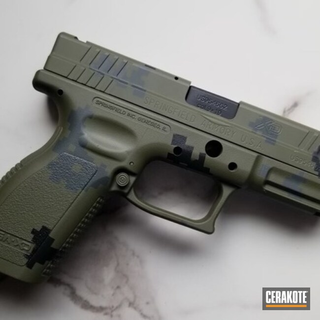 Digital Camo Springfield Armory Pistol Cerakoted Using Sniper Green, Sig™ Dark Grey And Graphite Black