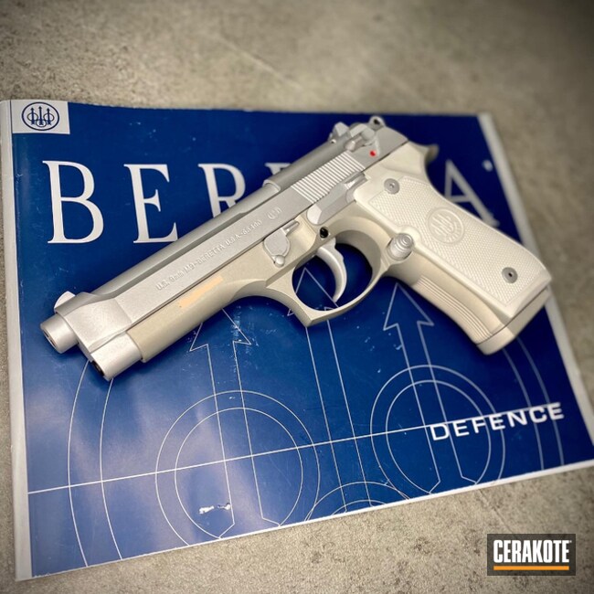 Berretta M9 Pistol Cerakoted Using Satin Aluminum, Snow White And Shimmer Aluminum