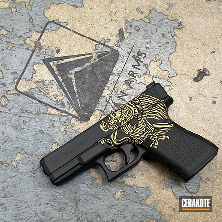 Powder Coating: 9mm,Stencil,Mexican Eagle,S.H.O.T,EDC Pistol,Gold H-122,Eagle,Logo,Graphite Black H-146,Glock,Mexican Flag,Handguns,Pistol,EDC,Glock 19,Handgun,Custom Logo