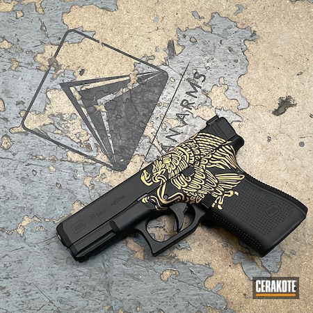 Powder Coating: 9mm,Stencil,Mexican Eagle,S.H.O.T,EDC Pistol,Gold H-122,Eagle,Logo,Graphite Black H-146,Glock,Mexican Flag,Handguns,Pistol,EDC,Glock 19,Handgun,Custom Logo