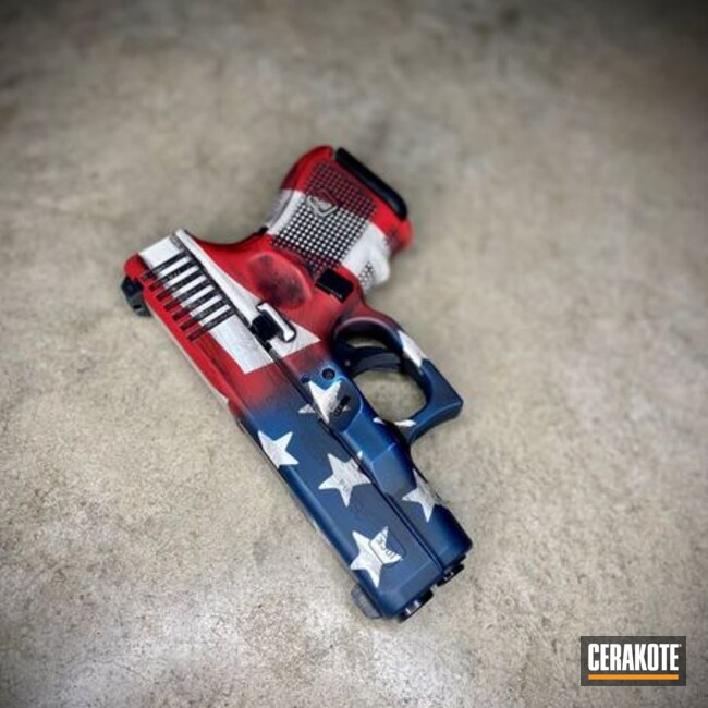 Distressed American Flag Theme Glock26 Cerakoted Using Snow White, Navy And Fire