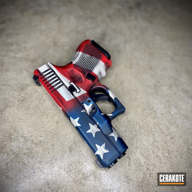 Cerakoted: S.H.O.T,Conceal Carry,USA,G26,Pistol,Subcompact,Firearms,Red White And Blue,Handgun,Patriotic,Snow White H-136,Distressed American Flag,Distressed Glock,Distressed Flag,FIRE  E-310,American Flag Theme,Glock,Stars and Stripes,NAVY E-220,Glock 26,Patriot Theme