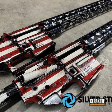Distressed American Flag Theme Ar Builder Sets Cerakoted Using Kel-tec® Navy Blue, Stormtrooper White And High Gloss Armor Clear