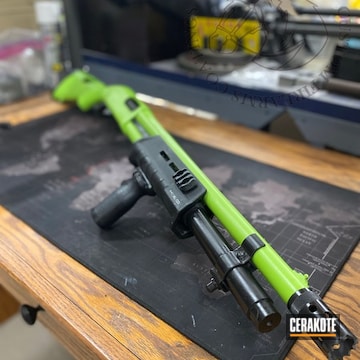 Pump Action Shotgun Cerakoted Using Zombie Green And Graphite Black