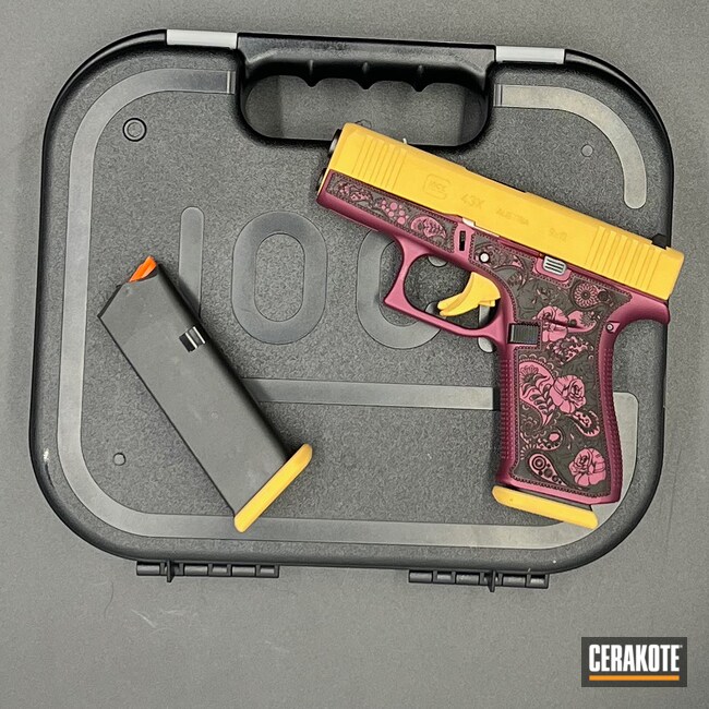 Cerakoted: S.H.O.T,Glock 43X,Custom Glock,Slide and trigger,Gold H-122,Handgun
