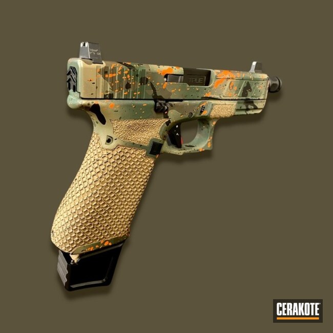 Custom Splatter Camo Glock 19x Cerakoted Using Patriot Brown, Highland Green And Hi-vis Orange