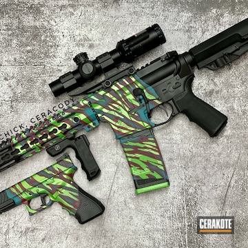 Ar With Tiger Camo, Cerakoted Using Sangria, Aztec Teal And Graphite Black