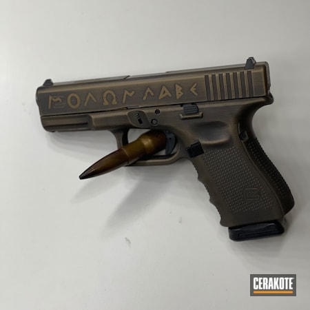 Powder Coating: Graphite Black H-146,Glock,Molon Labe,S.H.O.T,Pistol,Glock 19,Spartan,Burnt Bronze H-148