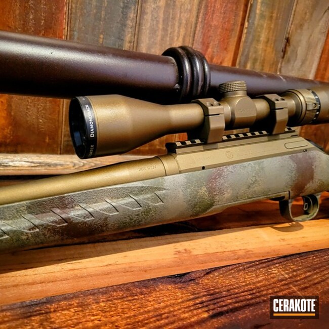 Sponge Camo Bolt Action Rifle Cerakoted Using Desert Sage, Patriot Brown And Coyote Tan