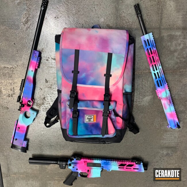 Tie Dye Camo Rifles Cerakoted Using Stormtrooper White, Sangria And Prison Pink