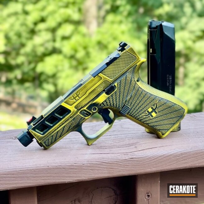 Distressed Glock 43x Cerakoted Using Corvette Yellow And Graphite Black