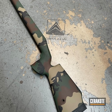 Coyote Tan, Graphite Black And Highland Green Woodland Camo Rifle Stock