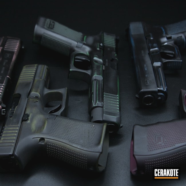 Cerakoted: S.H.O.T,Color,PINK CHAMPAGNE H-311,Custom Color,BLACK CHERRY H-319,Distressed,Armor Black H-190,SQUATCH GREEN H-316,Highland Green H-200,Sniper Green H-229,Glock,His and Hers,Blue Titanium H-185