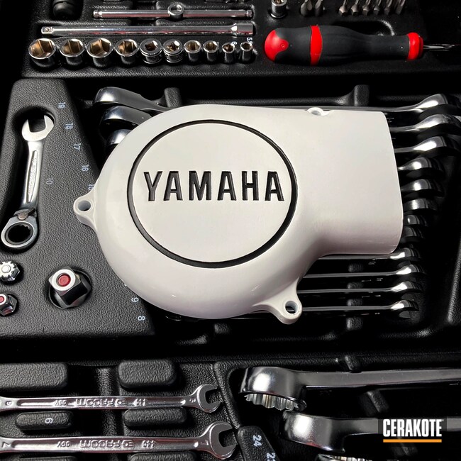 Cerakoted: Motor,Engine Cover,Graphite Black H-146,Motorcycles,Motorcycle Parts,Yamaha,Stormtrooper White H-297,Armor Black H-190,Automotive,Engine Covers,Motorcycle