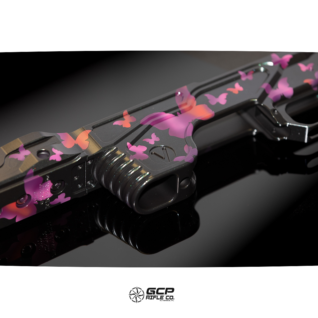 Pink Chassis Rifle Custom butterfly pattern on a Vision chassis | Cerakote