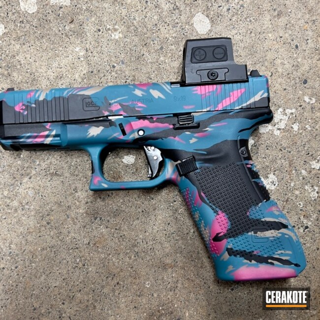 Cerakoted Mcmillan® Tan, Prison Pink, Graphite Black And Aztec Teal Glock 45
