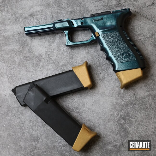 Cerakoted: S.H.O.T,Cerakote FX TYPHOON FX-109,Glock,Glock Frame,Handguns,Gold H-122,Pistols