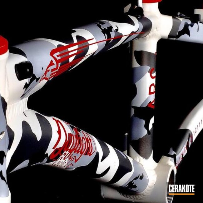 Cerakoted Armor Black, Bright White, Usmc Red And Satin Mag Snow Camo Bicycle Frame