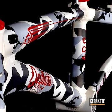 Cerakoted Armor Black, Bright White, Usmc Red And Satin Mag Snow Camo Bicycle Frame