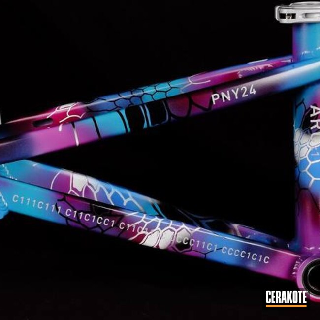Cerakoted Armor Black, Bright White, Crushed Silver, Black Cherry, Polar Blue, Aztec Teal And Bright Purple Bicycle Frame