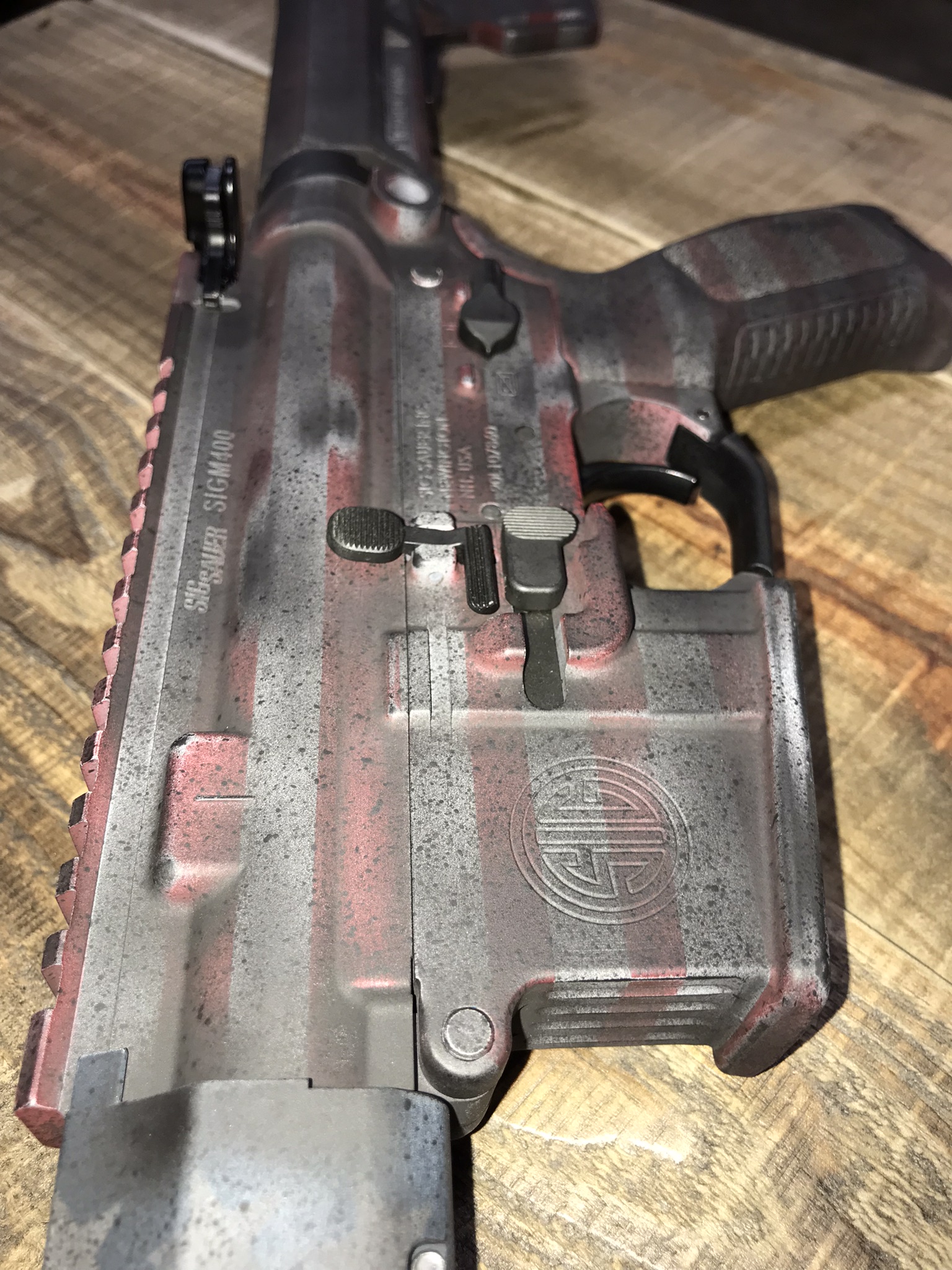 Sig Ruby Distressed with Ridgeway Blue and Ruby Red | Cerakote
