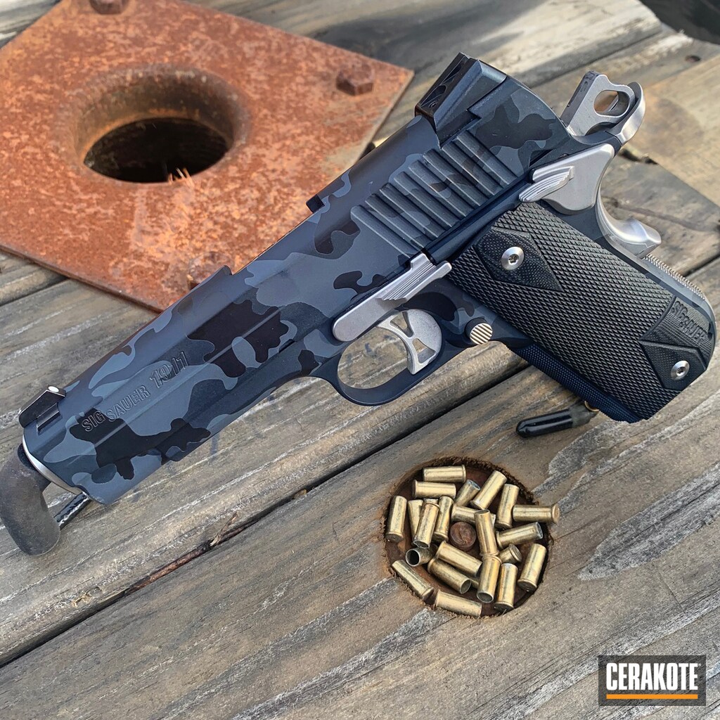 Custom camo SIG Sauer 1911 Cerakoted using Midnight Blue, SOCOM