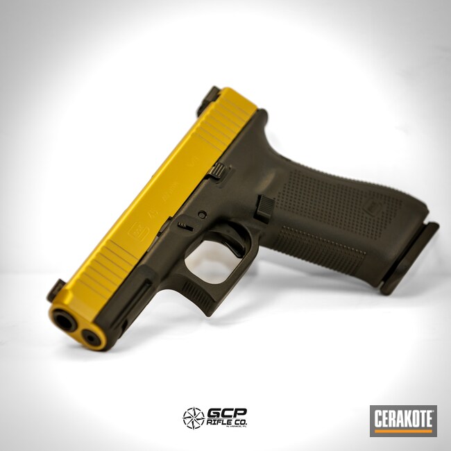 Cerakoted: S.H.O.T,Glock 45,Clear Coat,Glock,Gold V-172,Laser Engrave,Gold,Gold H-122