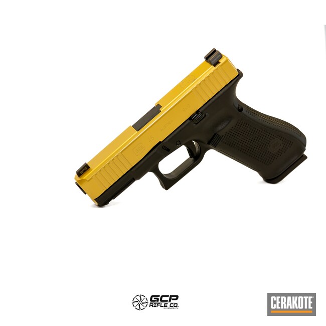 Cerakoted: S.H.O.T,Glock 45,Clear Coat,Glock,Gold V-172,Laser Engrave,Gold,Gold H-122