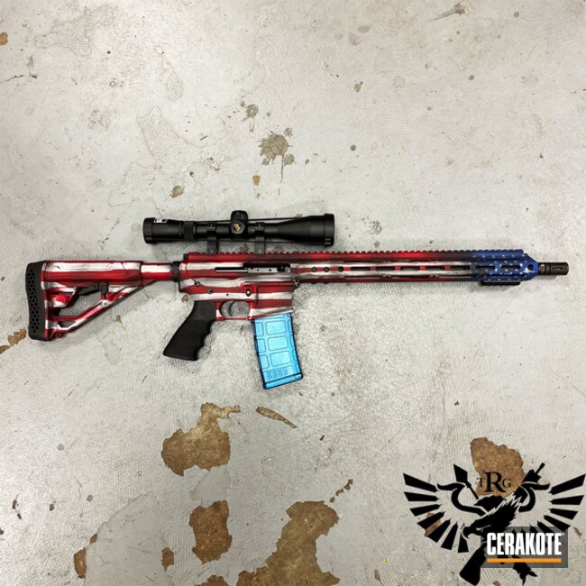 Cerakoted Armor Black, Stormtrooper White, Nra Blue And Ruby Red Distressed American Flag Themed Ar | Cerakote