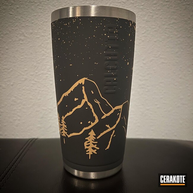 Cerakoted: Calcutta,YETI Cup,Armor Black H-190,Mountains,Gold and Black,Silhouette,Custom Tumbler Cup,Gold H-122,Tumbler