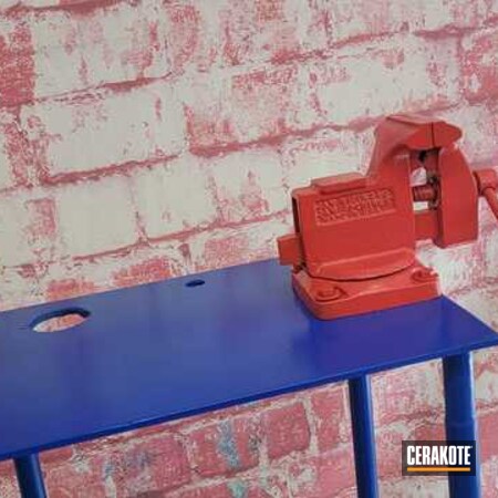 Powder Coating: Bench Vice,Custom Vice,Work Table,STOPLIGHT RED C-143,Bench Vise,BLUE FLAME C-158