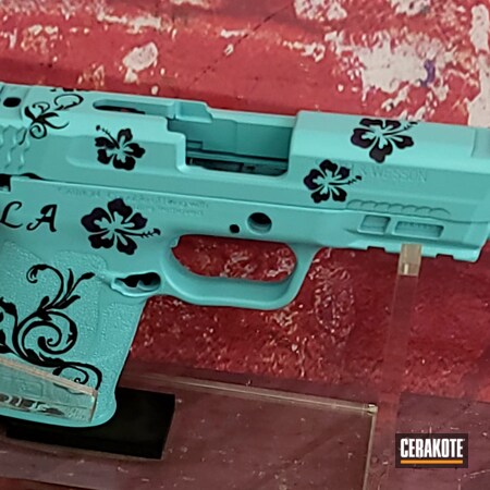 Powder Coating: 9mm,Smith & Wesson M&P,Graphite Black H-146,Smith & Wesson,S.H.O.T,Handguns,Scroll Pattern,Robin's Egg Blue H-175,Hawaiian,Pistols,Flowers