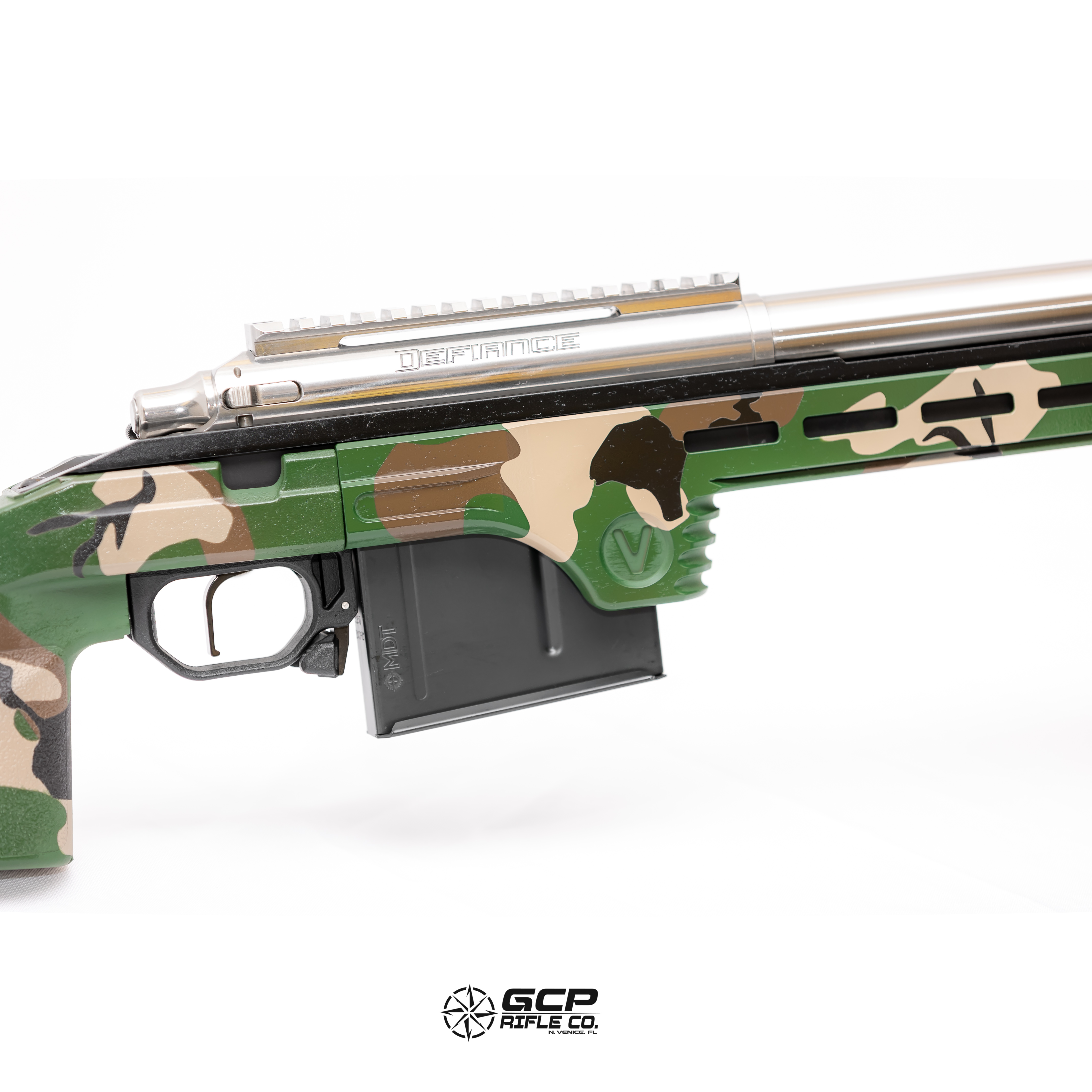 Woodland camo on .300 PRC custom rifle | Cerakote