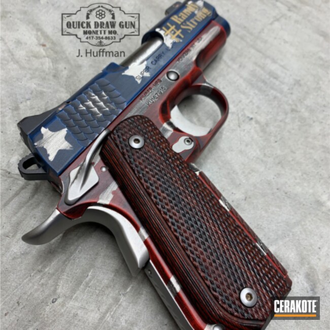 Cerakoted Snow White, Nra Blue, Graphite Black, Ruby Red And Gold Distressed American Flag Kimber