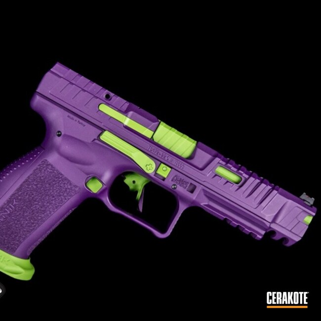 Cerakoted Zombie Green And Bright Purple Pistol
