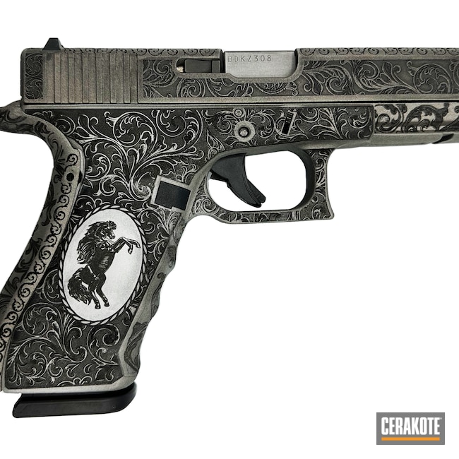 Cerakoted: Laser Stippled,Western,Filigree,Flag of Mexico,Laser Stippling,Laser Engrave,Fancy,Horses,Rococo,Greyscale,Floral,Laser Engraved,Country,Cowboys,Baroque,S.H.O.T,Custom Glock,Cowboy,Custom Design,Elegant,Elegant Design,Glock 17,Scroll Pattern,Graphite Black H-146,Stainless H-152,Crushed Silver H-255