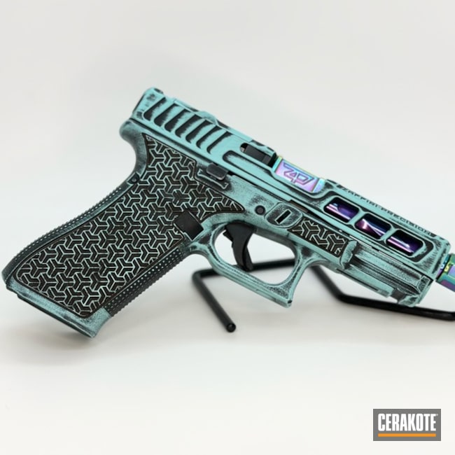 Battleworn Robin's Egg Blue On Glock 45 With Laser Stippled Grip