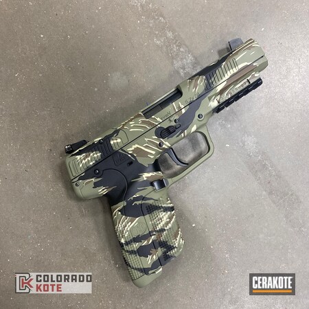 Powder Coating: Chocolate Brown H-258,FN Herstal,Custom Pistol,Vietnam Vet,BENELLI® SAND H-143,FN,Graphite Black H-146,Forest Green H-248,Gift Ideas,Pistols,S.H.O.T,Detailed Stenciling,Custom Camo,Gifts,Gift Idea for Men,FNH,Camo,FN Mfg.,Certified Applicator,Vietnam Tiger Stripe Camo,Gift Idea for Women,Vietnam,Gift,FN Five-Seven,Vietnam Camo