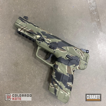 Powder Coating: Chocolate Brown H-258,FN Herstal,Custom Pistol,Vietnam Vet,BENELLI® SAND H-143,FN,Graphite Black H-146,Forest Green H-248,Gift Ideas,Pistols,S.H.O.T,Detailed Stenciling,Custom Camo,Gifts,Gift Idea for Men,FNH,Camo,FN Mfg.,Certified Applicator,Vietnam Tiger Stripe Camo,Gift Idea for Women,Vietnam,Gift,FN Five-Seven,Vietnam Camo