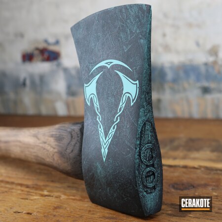 Powder Coating: Engraving,Hatchet,Leather,Graphite Black H-146,Stencil,S.H.O.T,Valhalla,Axe,Throwing Axes,Textured,Robin's Egg Blue H-175,Assassins Creed