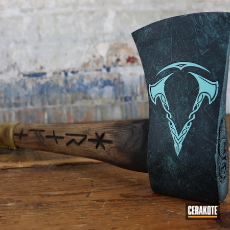 Powder Coating: Engraving,Hatchet,Leather,Graphite Black H-146,Stencil,S.H.O.T,Valhalla,Axe,Throwing Axes,Textured,Robin's Egg Blue H-175,Assassins Creed